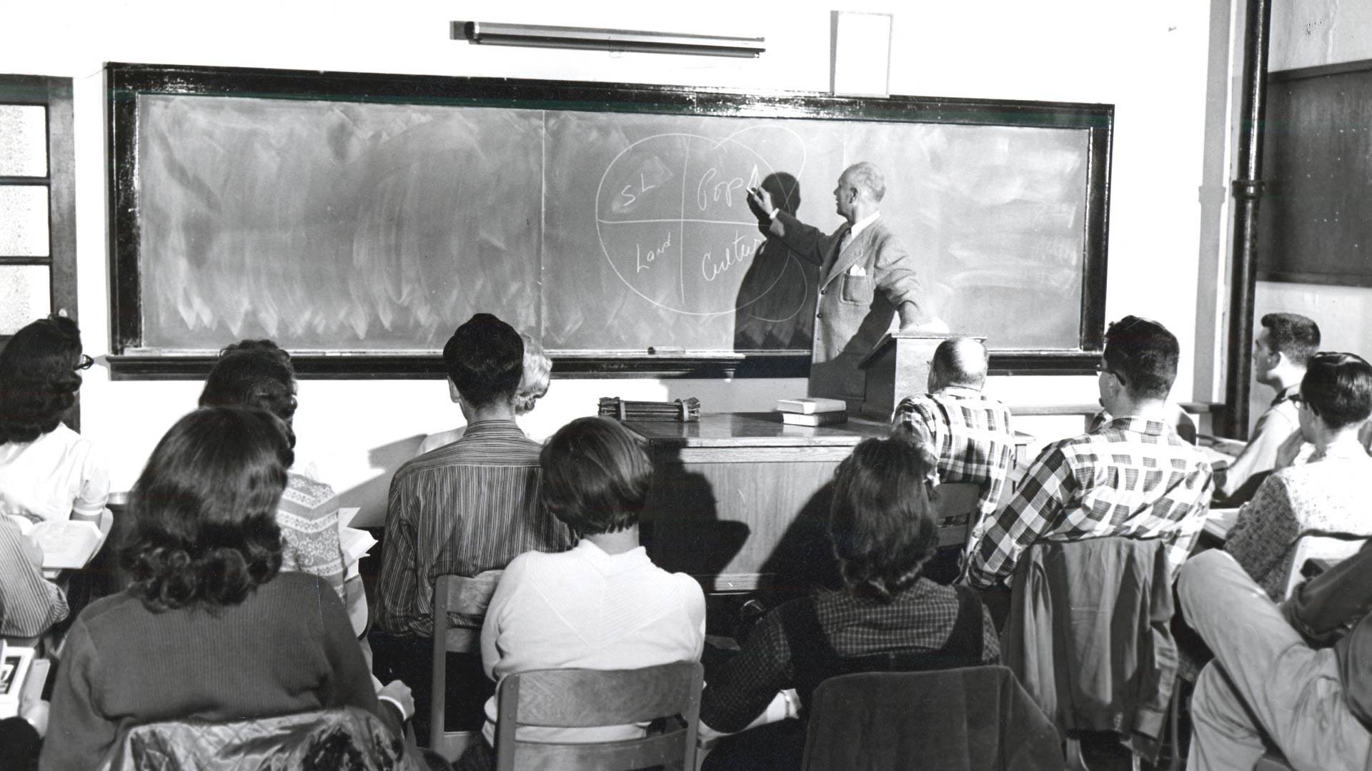 Historic black and white photo of ����ר�� professor teaching to class.