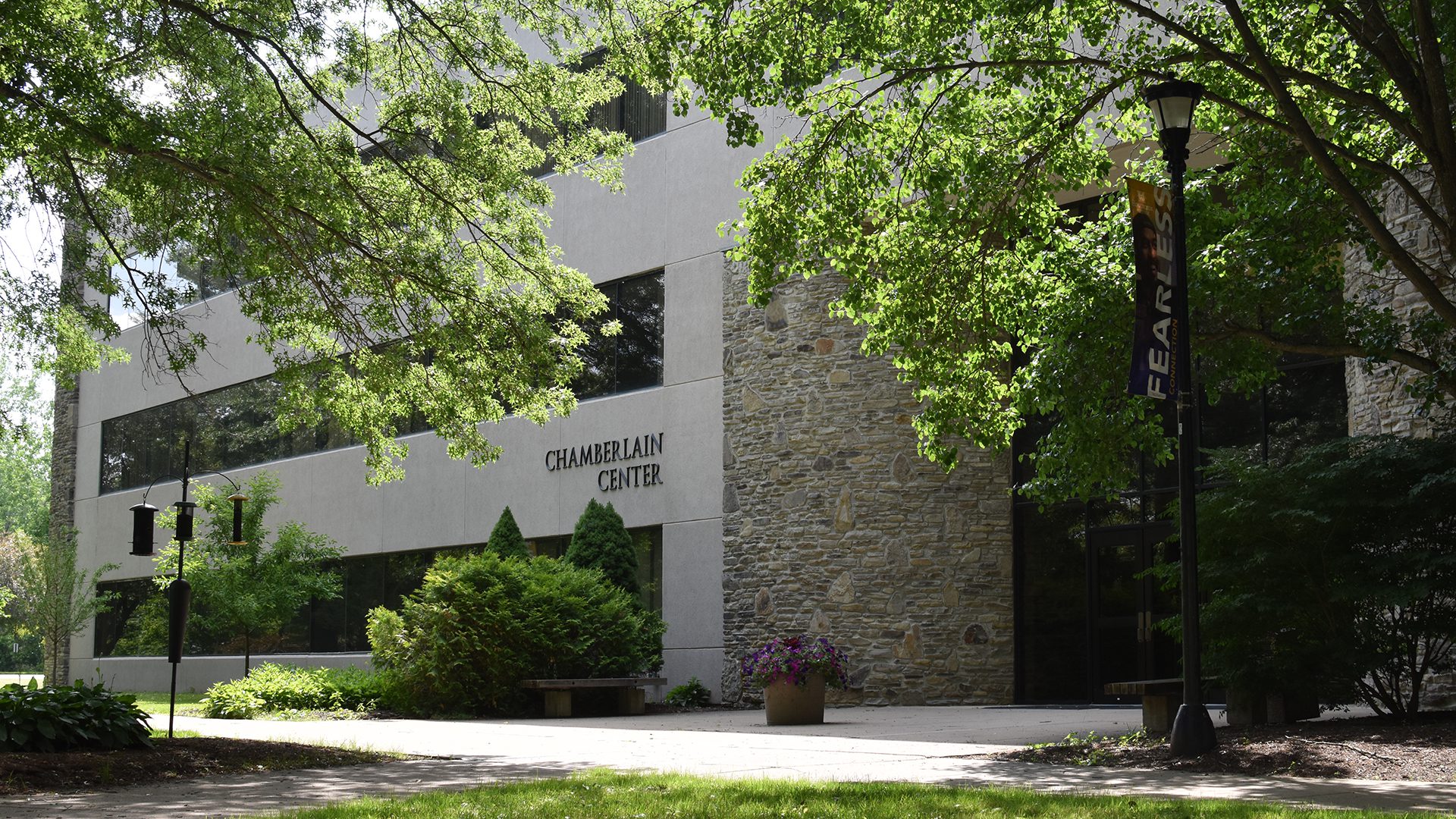 Front entrance to Chamberlain building in summertime.