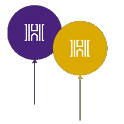 Purple and gold animated balloons with ����ר��'s H logo.