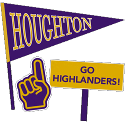 Purple ����ר�� pennant with purple number one hand and Go Highlanders sign in gold.