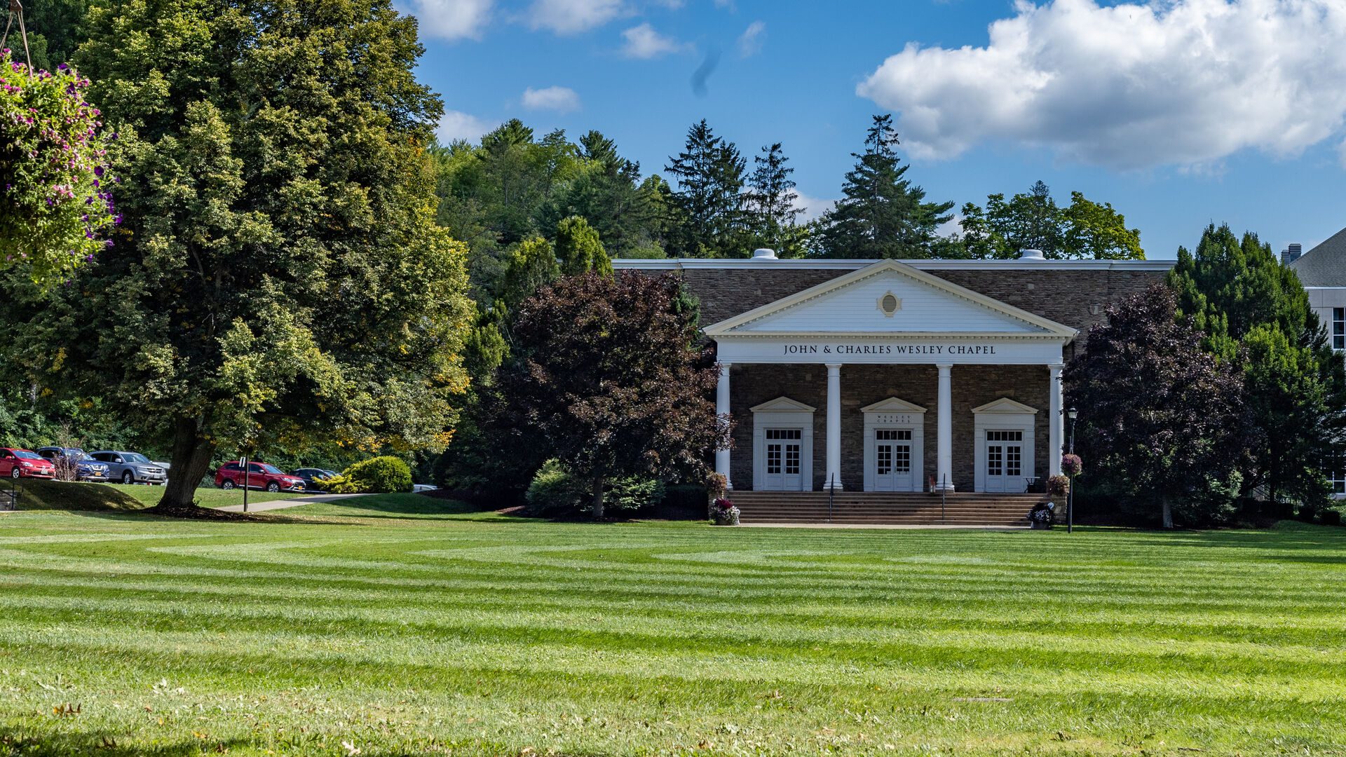 View of Houghton's Wesley Chapel from across the quad lawn.