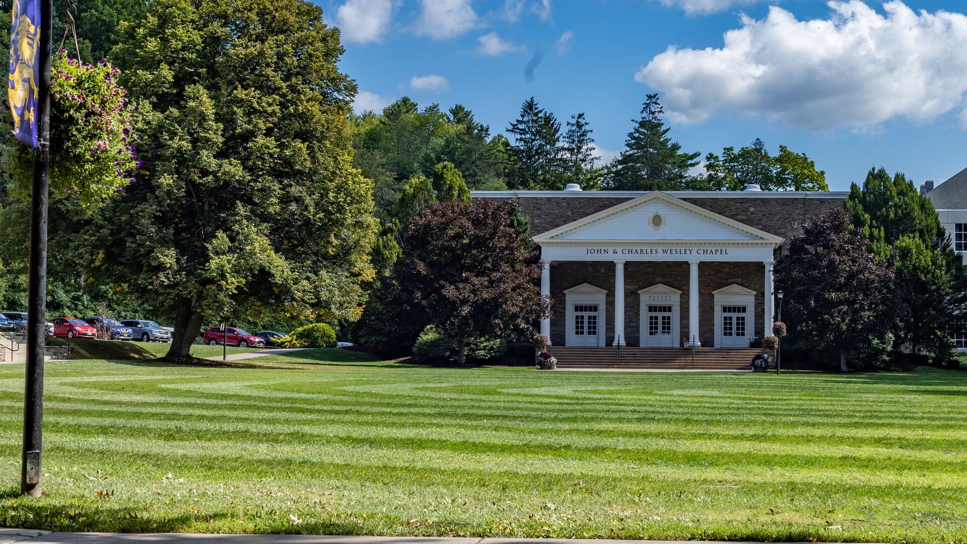 Exterior view of the chapel on a beautiful summer day.