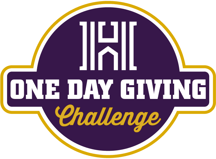 One Day Giving Challenge wordmark. White ����ר�� H with the words One Day Giving challenge on purple background.