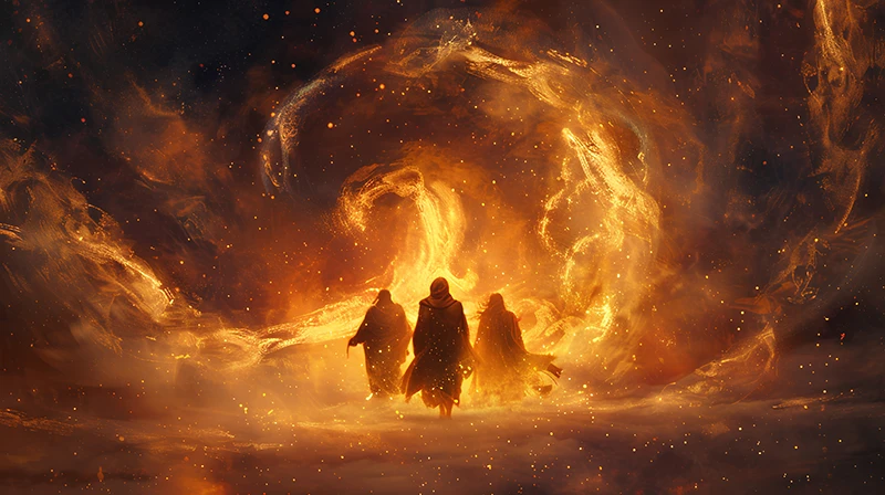 Illustrative depiction of Shadrach, Meshach, and Abednego walking into the fiery furnace.