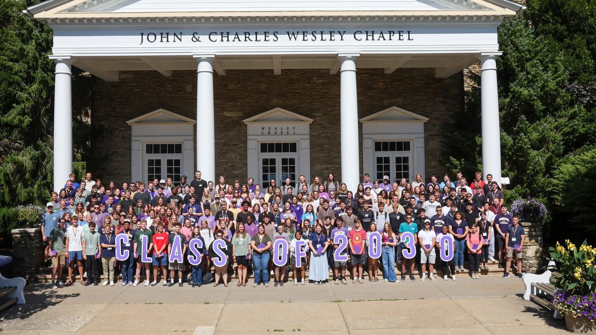 Class of 2030 outside the chapel stairs