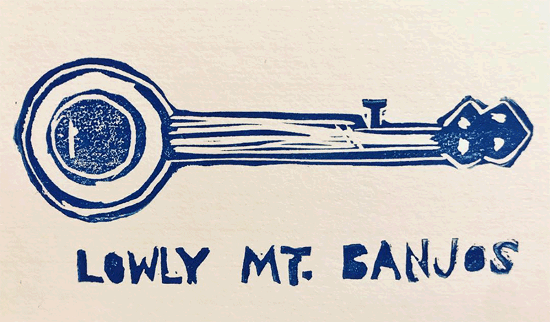 Lowly Mountain Banjos logo. Blue banjo stamp over the blue words Lowly Mt. Banjos.