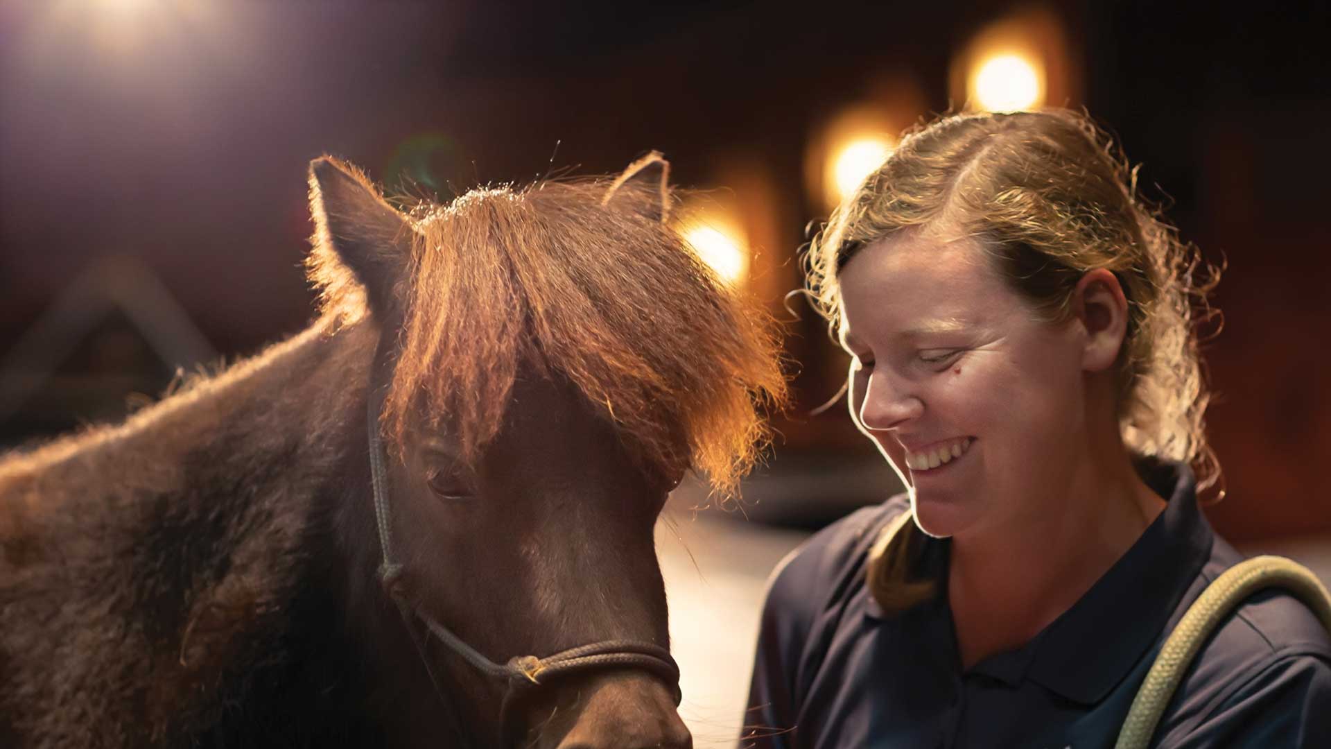 Houghton University alumna Joanna Sudlow feeding a donkey at Sight and Sound Theatre in Lancaster PA.