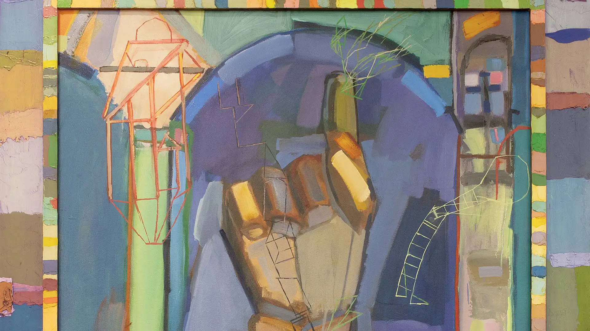 Painting with handing pointing up, Strangely Warmed by Houghton art professor Ted Murphy.