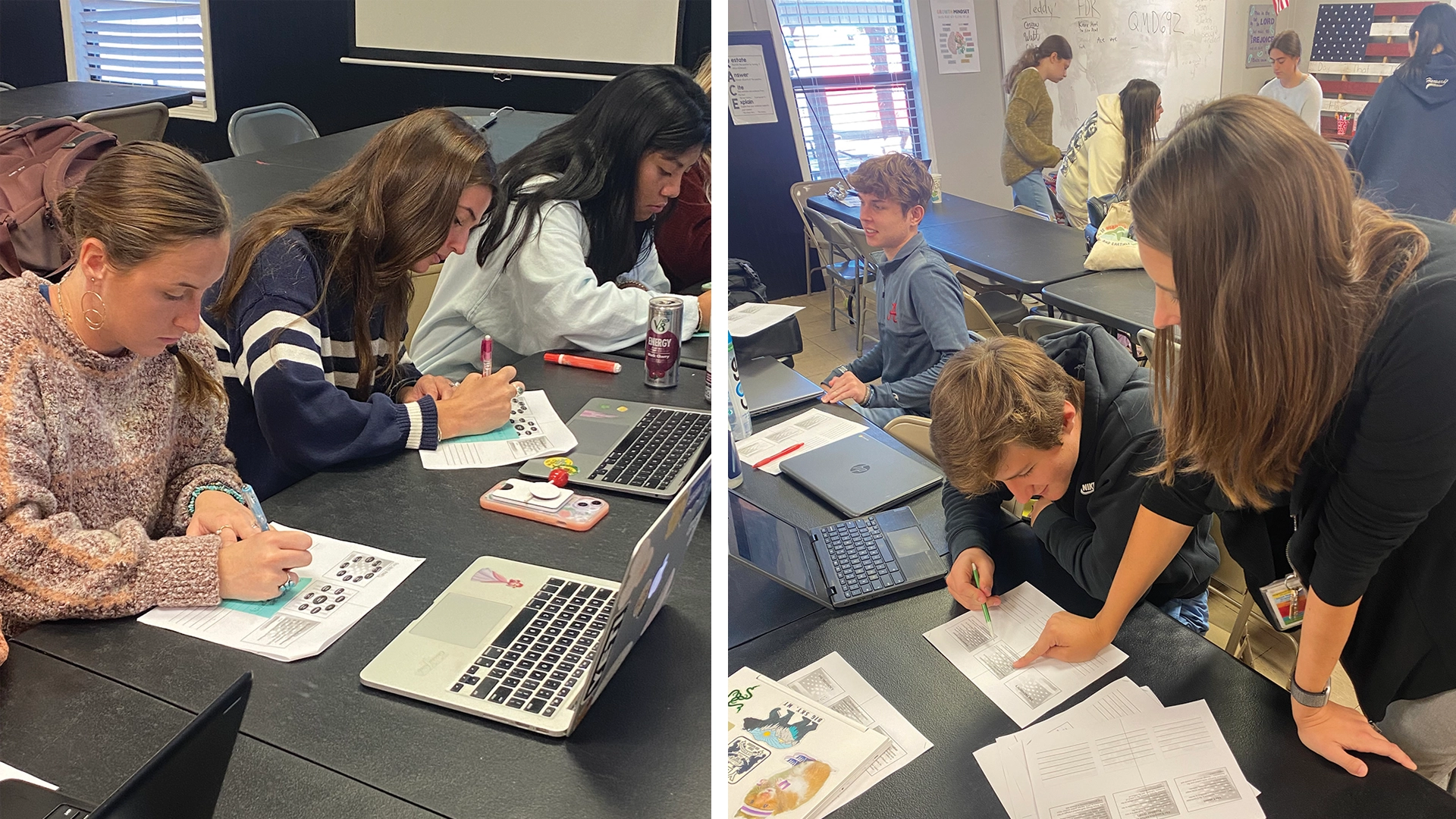 Two image of Alyssa Knight working with her students.