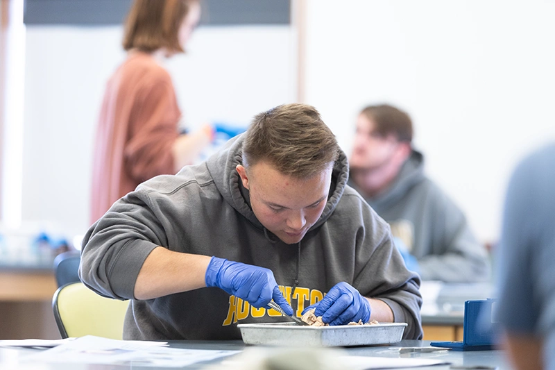 Houghton biology student sitting at lab table working with scientific tools.