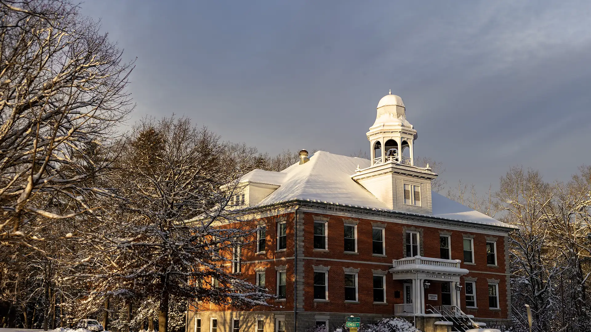 View of Fancher Hall on Houghton's campus in the winter.